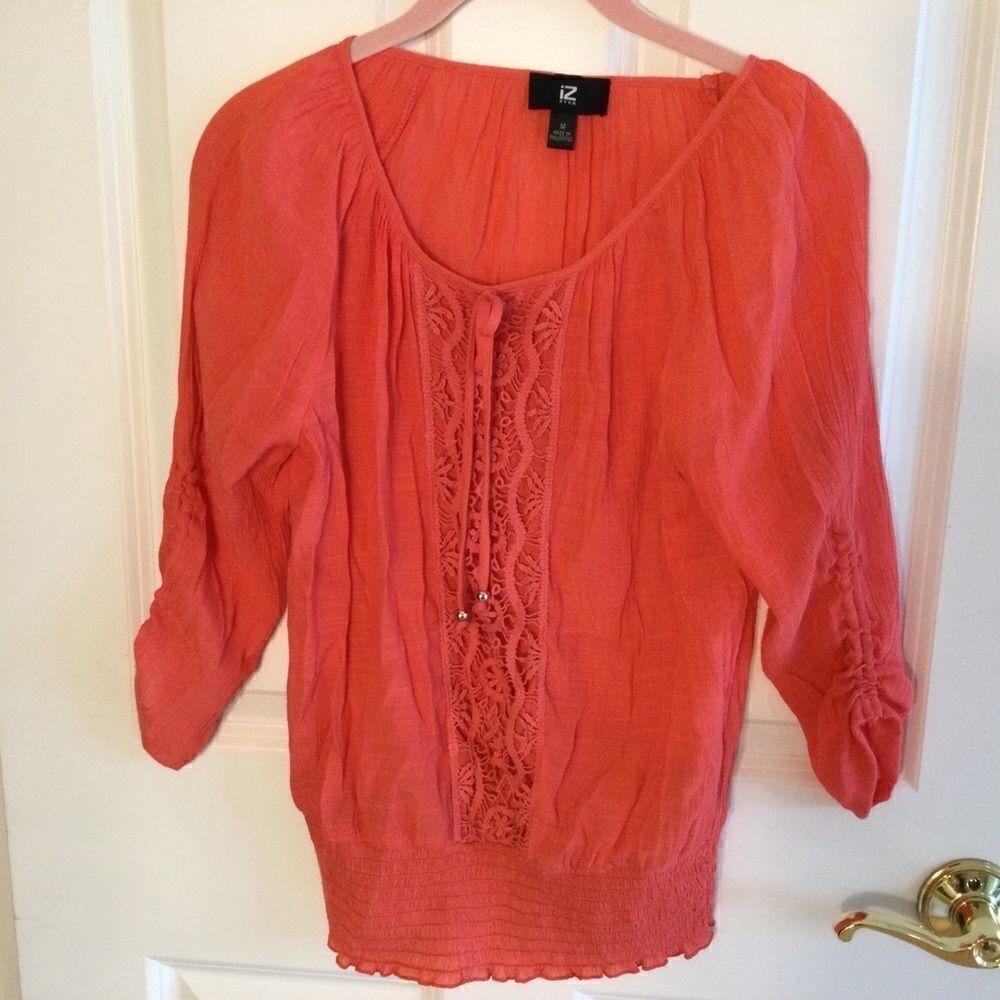 SALEย BUY 2/$30. NWOT. IZByer โPeasant-Style Blouse w/Lace Sz.โM